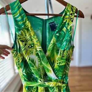 Gabby Style Faux Wrap Dress, Green Leaf Print, Sleeveless, High-Low Hem, Midi